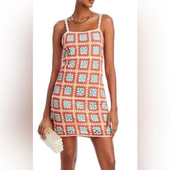 Willow & Wind Crochet Granny Square Multicolor Sleeveless Mini Dress Size Small - Picture 2 of 8